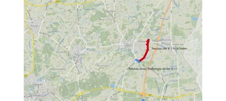Die Karte zeigt den Verlauf der Kreisstraße K 11n in Velen sowie den des neuen Radweges an der K 11