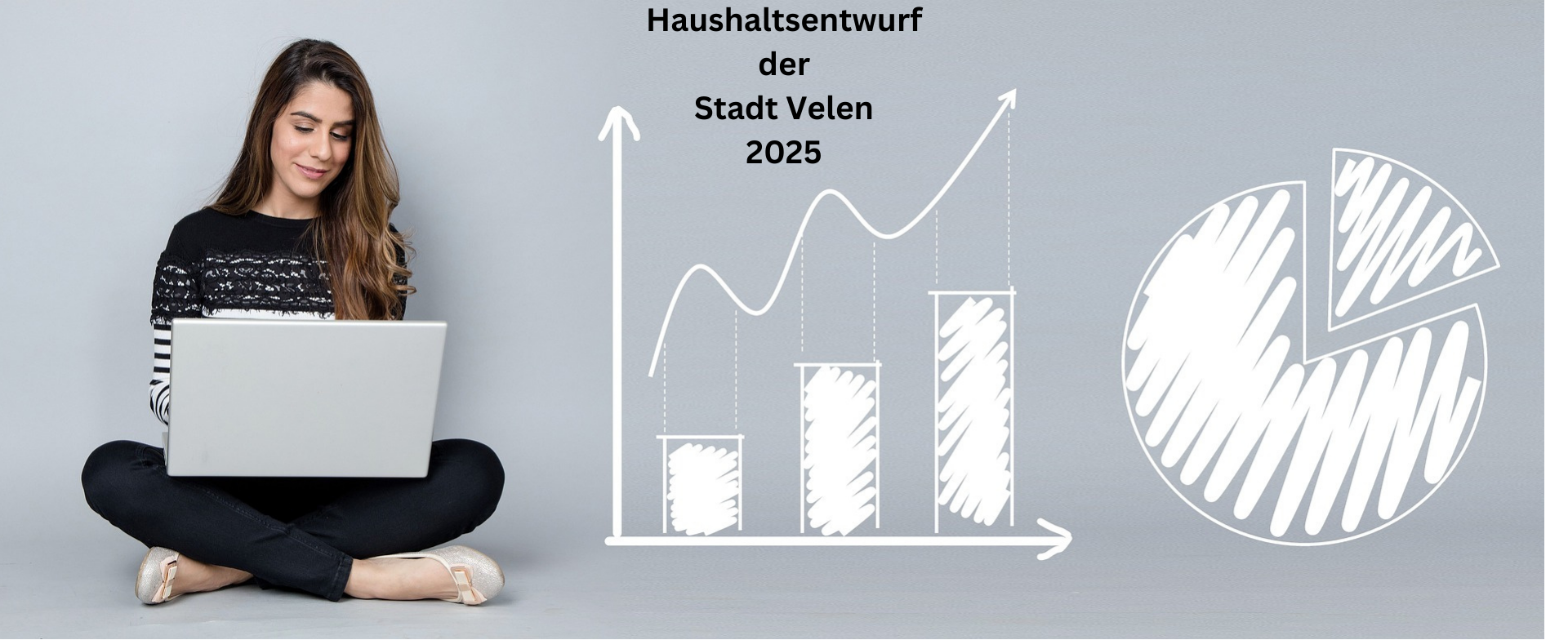 Haushaltsentwurf 2025 Frau mit Laptop und Balkendiagramm.